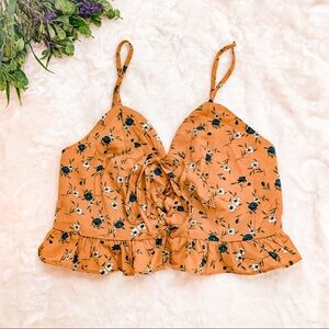 Mustard Floral Front Tie Ruffle Crop Top